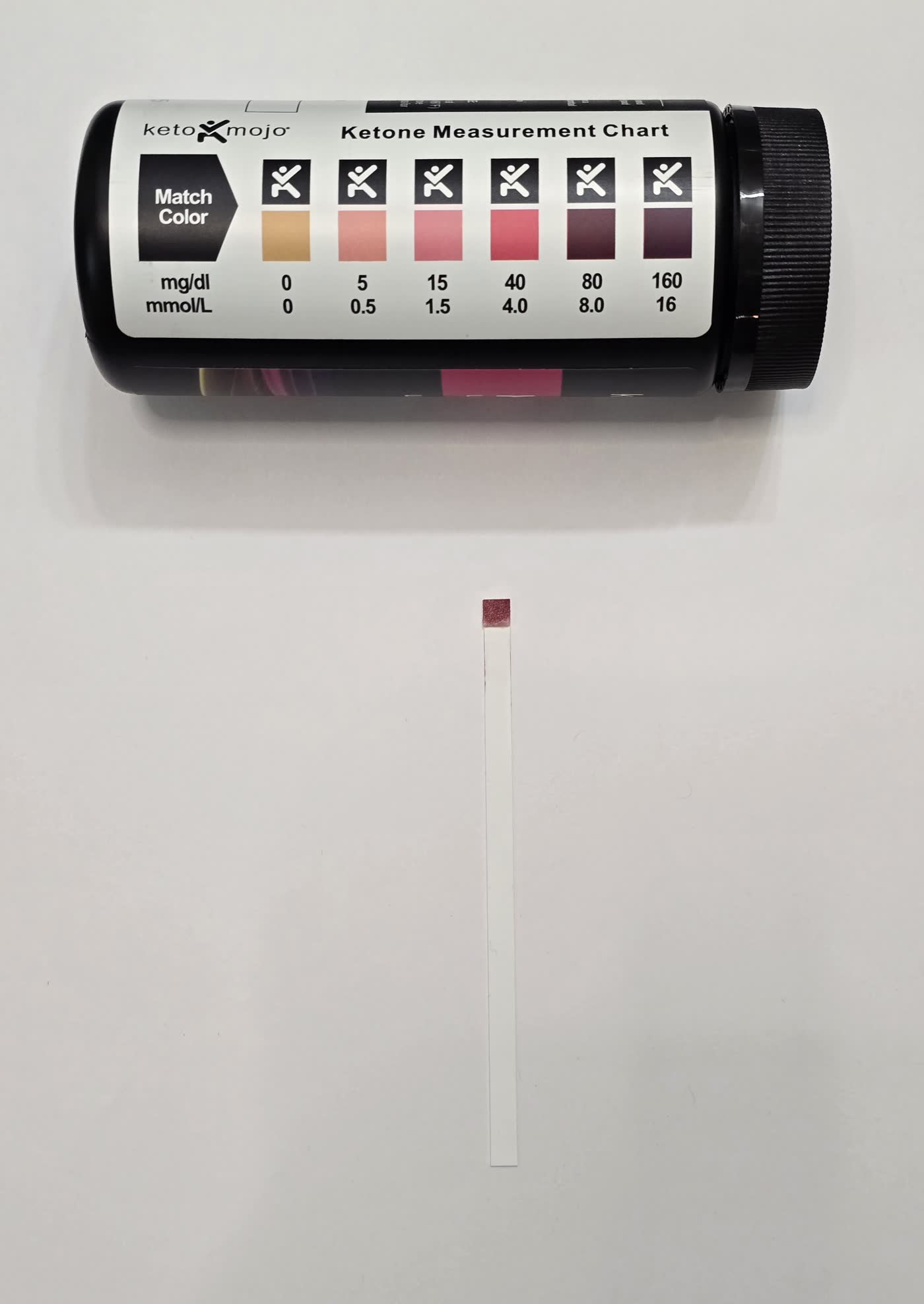 Keto Mojo urine ketone strip on day 11 of the water fast pinned at the top of the color chart