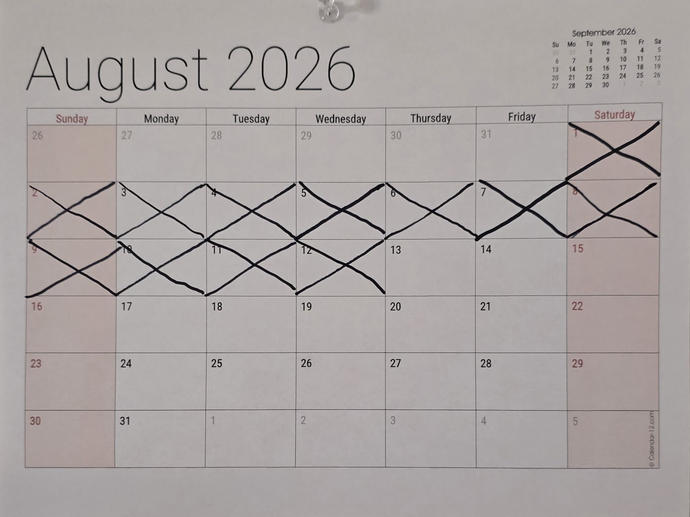 The August calendar with days 1 through 12 crossed off
