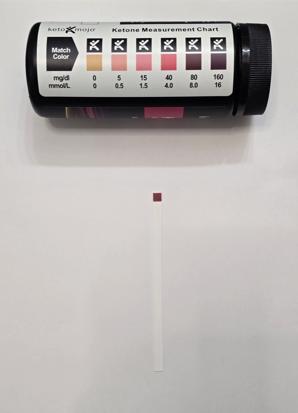 Ketone strip on day 13 next to the measurement chart, still reading at the top