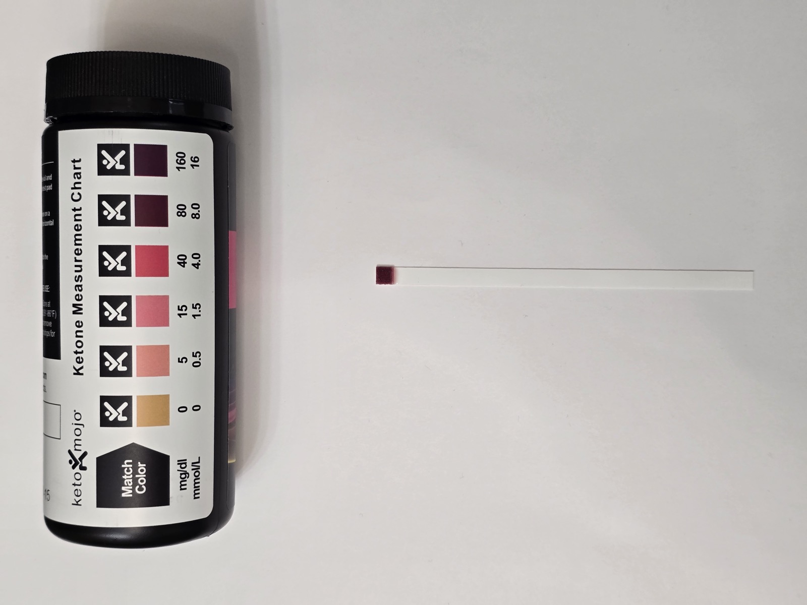 The ketone strip on day 15, still reading at the top of the chart