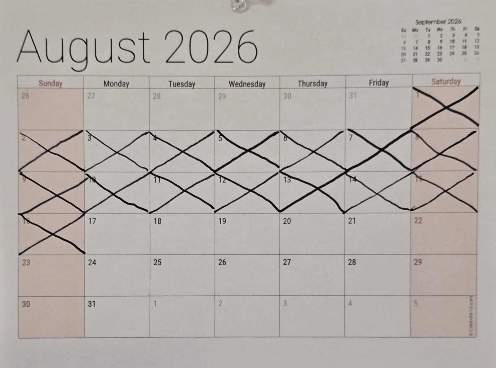 The wall calendar with sixteen days crossed off