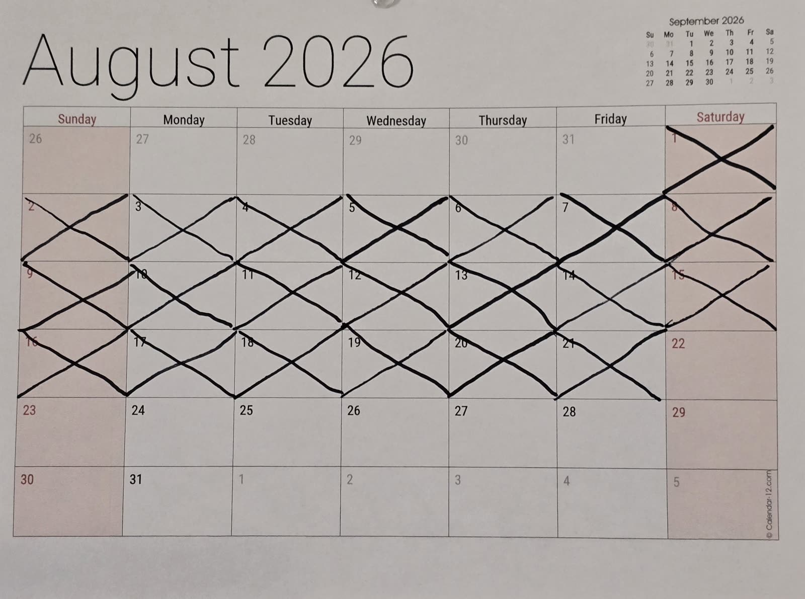 The August calendar with 21 days crossed off