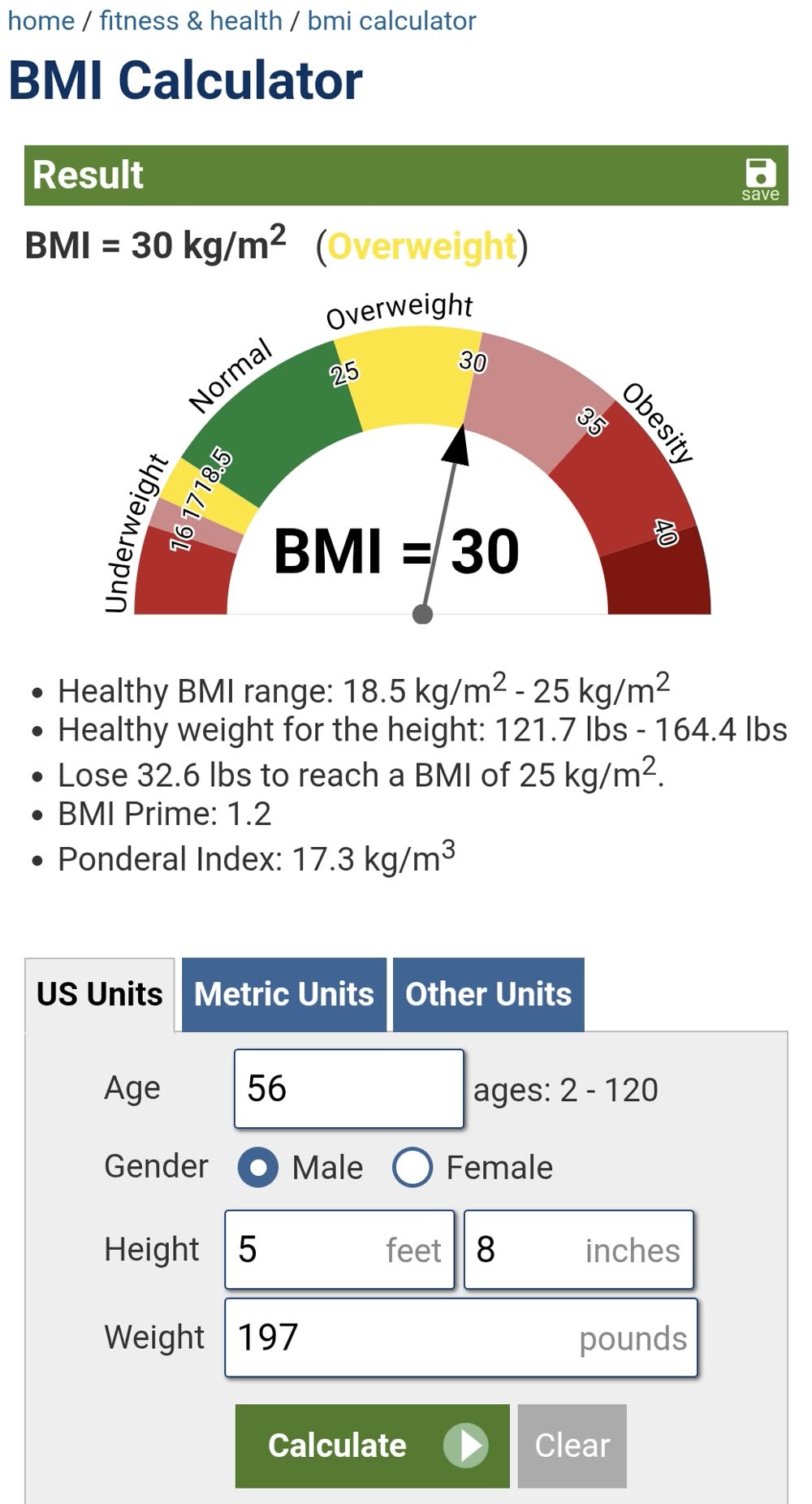 A BMI calculator at 197 pounds and 5 feet 8 inches now reading overweight instead of obese