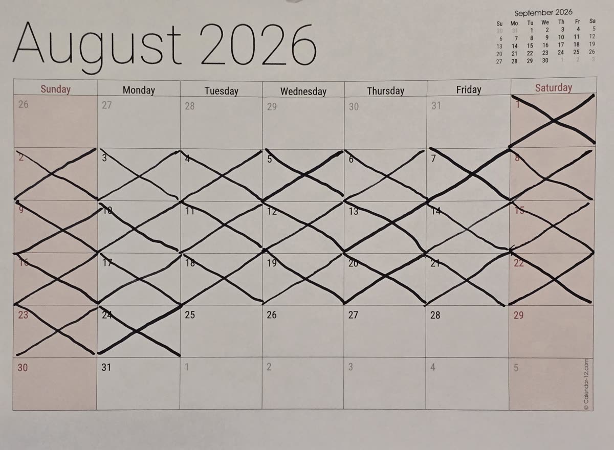 The August calendar with 24 days crossed off