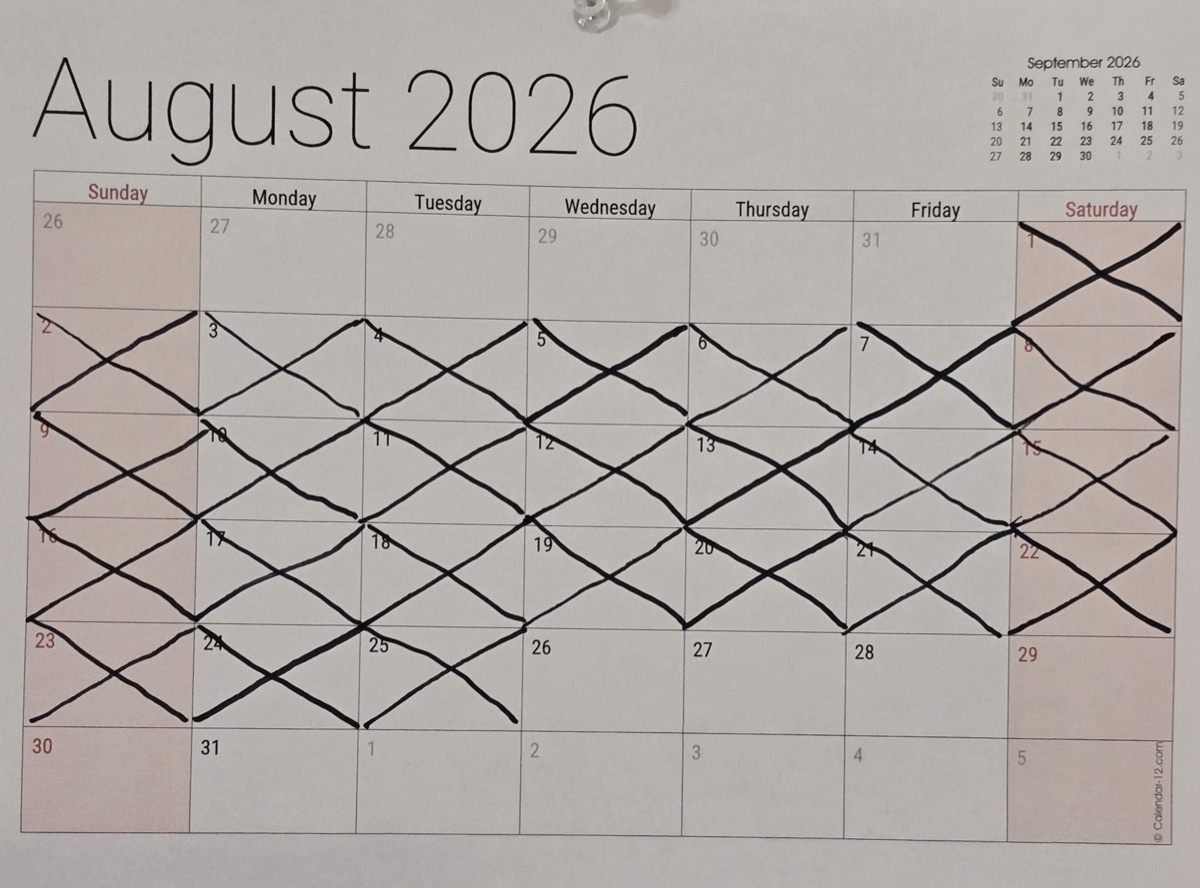 The August calendar with 25 days crossed off