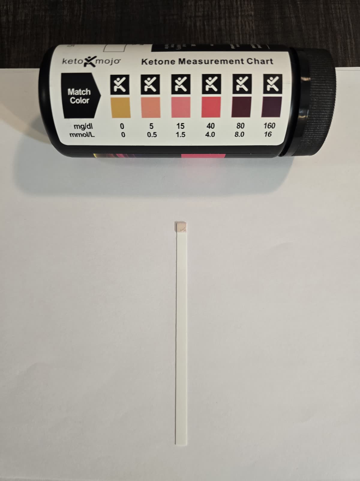 Blank Keto Mojo urine ketone strip on day 3 of the water fast next to the color chart