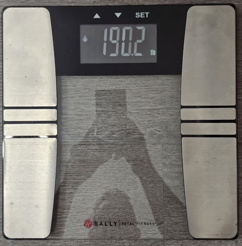 Bathroom scale on the morning of day 30 of the water fast reading 190.2 pounds