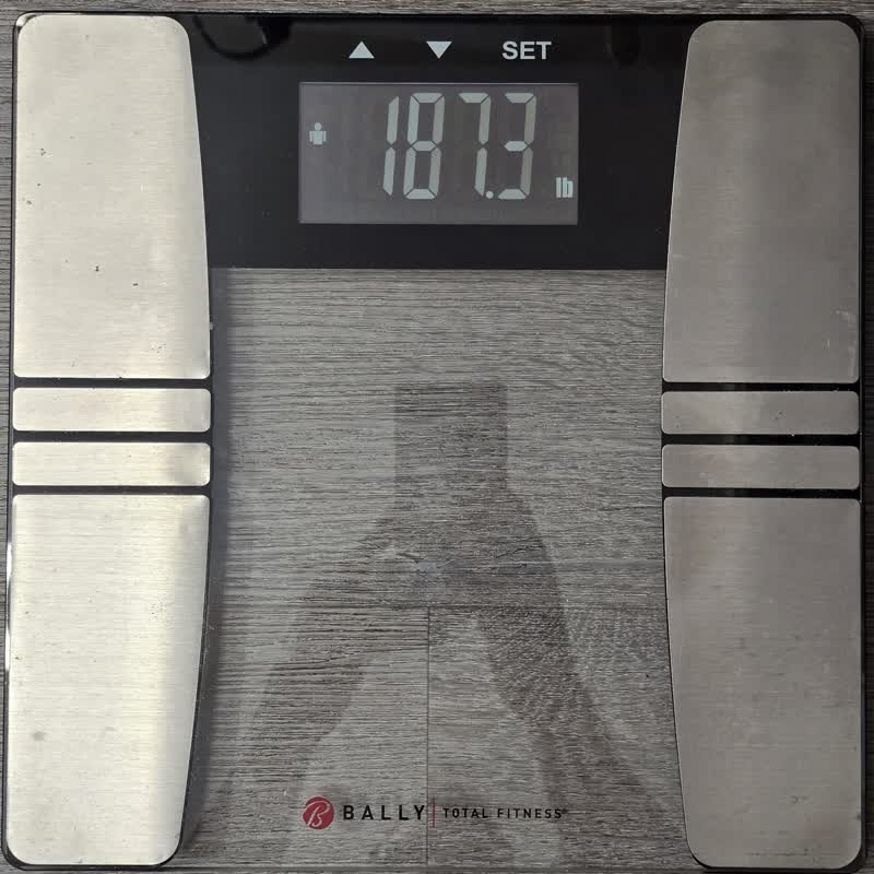 The scale on the morning of day 37 reading 187.3 pounds