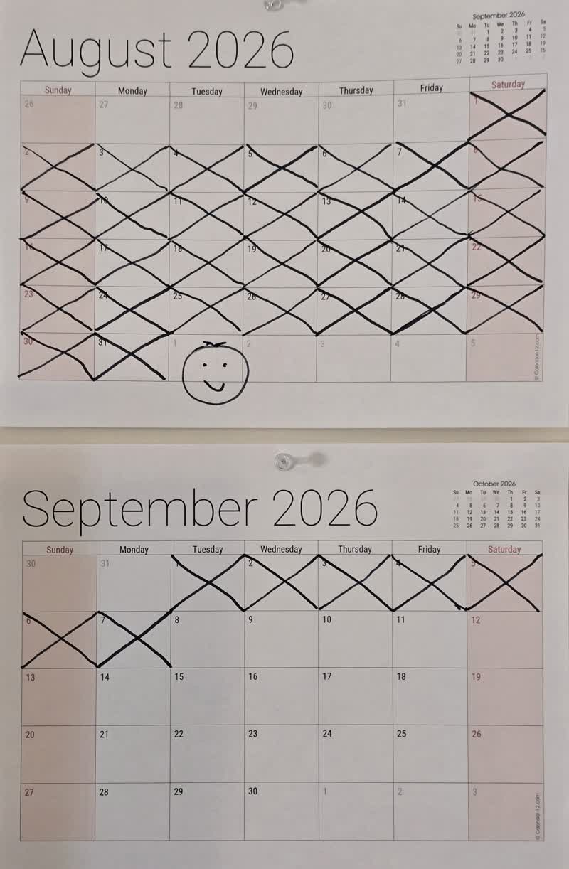 The wall calendar with day 38 marked off