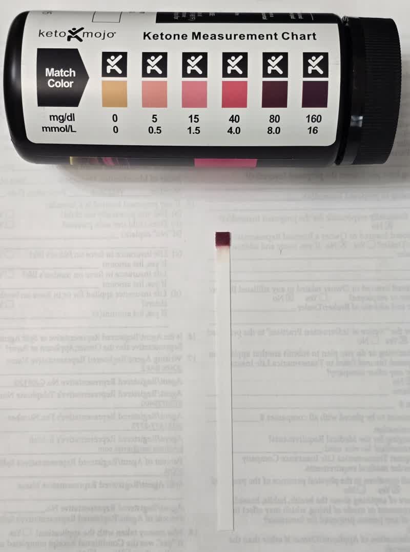 The day 46 ketone strip next to its color chart, the pad still matching the dark end of the scale at 16