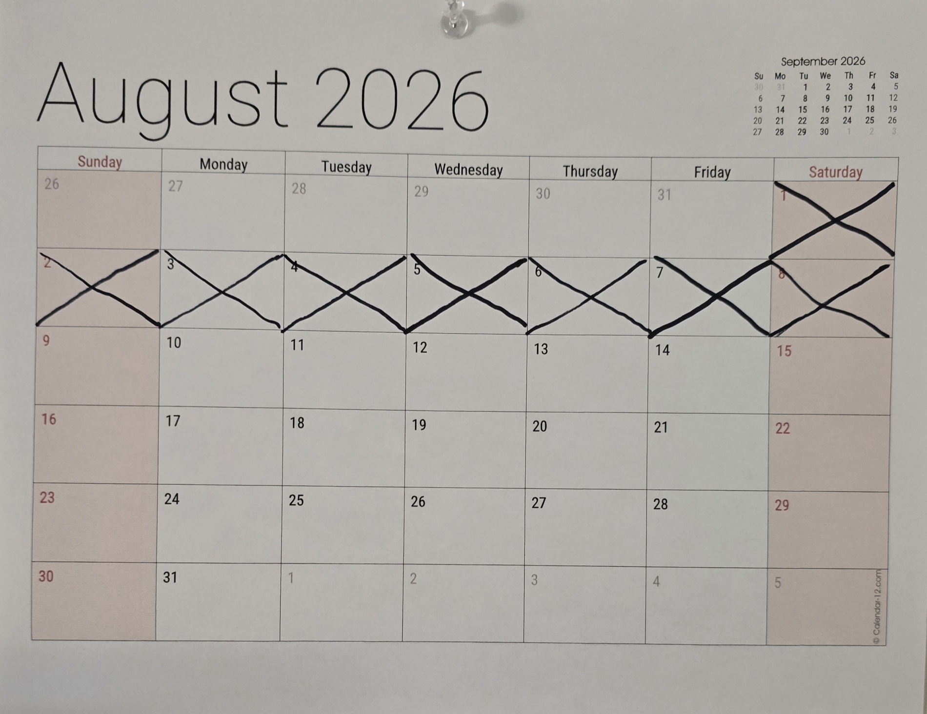 The August calendar with days 1 through 8 crossed off